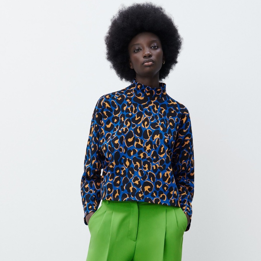 Zara Jacquard Patterned Sweater Cheetah Print Turtleneck